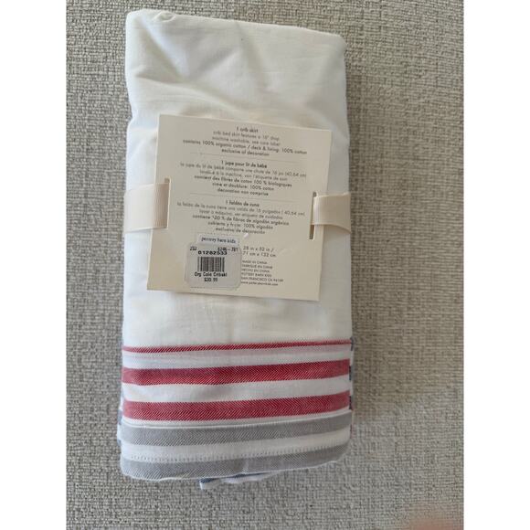 NWT Pottery Barn Baby Cole Crib Skirt Organic Cotton Red Blue Stripe Dust Ruffle - Picture 2 of 2
